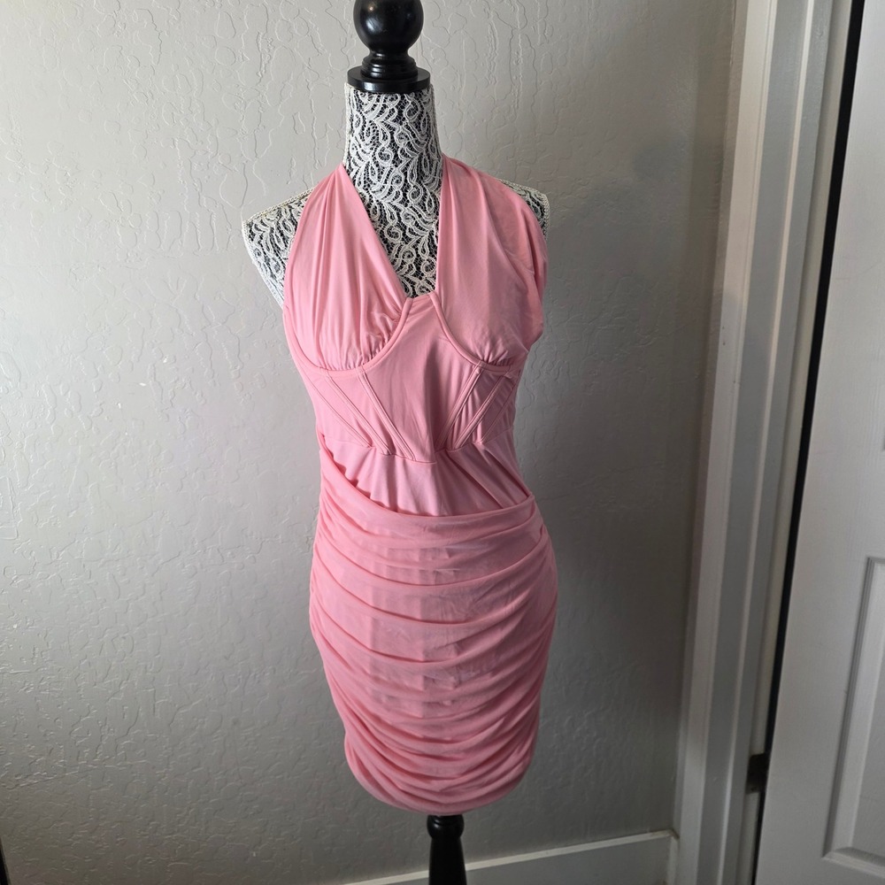 Kutumai Halter Bodycon‎ Dress Womens XL Pink Ruched Cocktail Party Clubwear Y2K